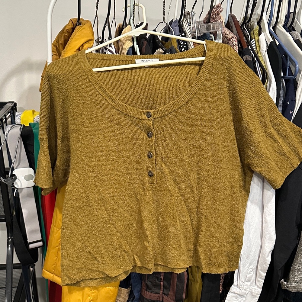 Madewell Olive Button-Up Knit Tee Sweater